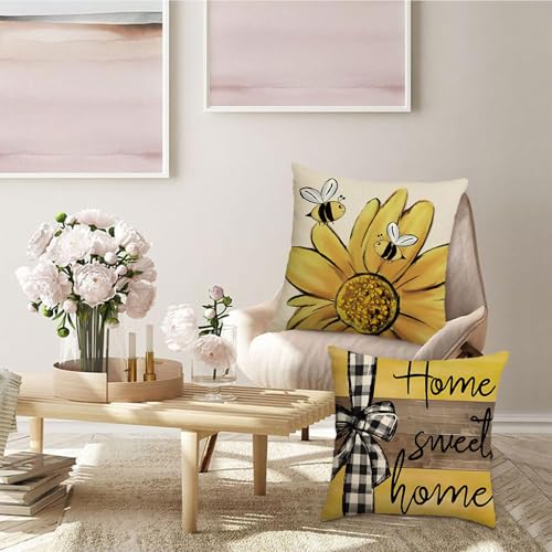 Decorative Bee & Sunflower Pillow Covers - Set of 4, 18x18 Inch