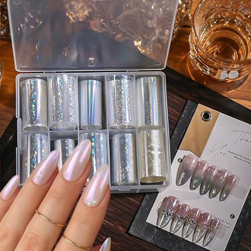 Aurora Nail Foil Transfer Stickers Set - 10 Rolls Holographic Laser Star & Water Ripple Manicure Decals