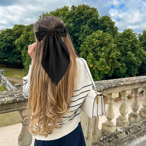 AWAYTR 4 Pcs Big Hair Bows for Women, Silky Satin Long Tail Barrette Clips