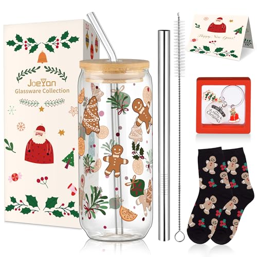 Joeyan Christmas Glass Cups with Lids & Straws - Gingerbread Man Tumbler, 20oz, Style 13