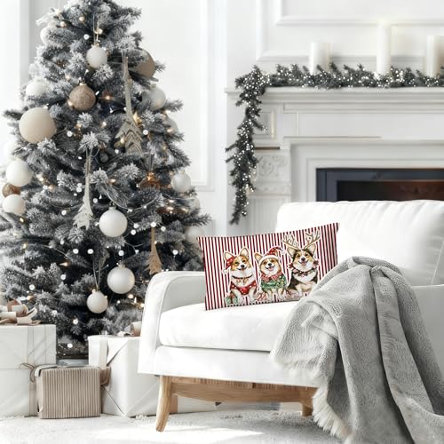 DAYOUER Red2 Corgi Christmas Pillow Cover 12x20 Double-Sided Festive Decor