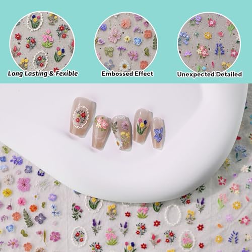 CESTSIREN Floral Nail Art Stickers, Colorful Spring Flower Decals 3 Sheets