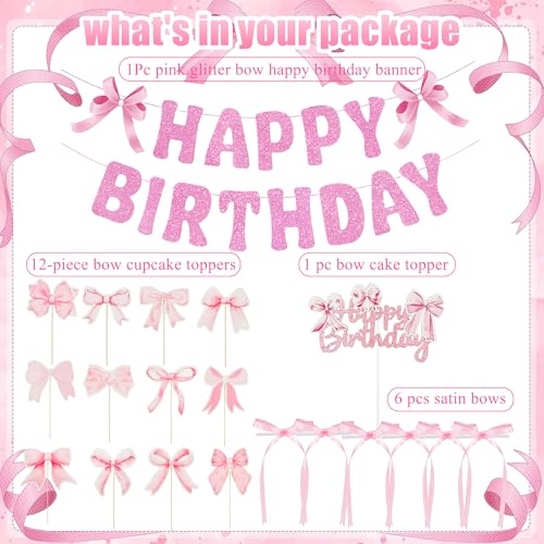 20Pcs Pink Bow Birthday Party Decorations & Cake Toppers Set