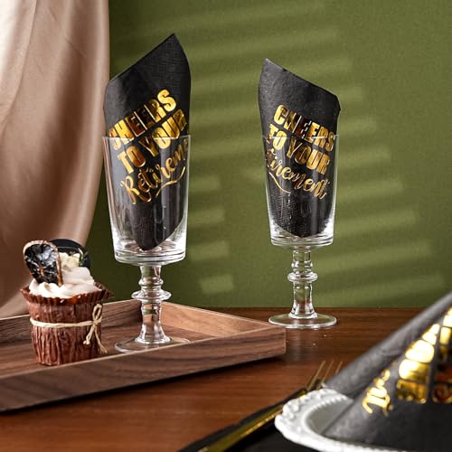 25-Count Retirement Cocktail Napkins - 3-Ply Black Gold Foil