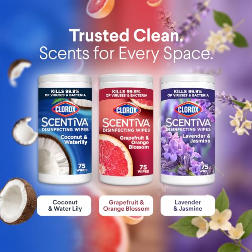Clorox Scentiva Disinfecting Wipes Bundle - 75 Count Each, Pack of 3, Lavender Jasmine, Grapefruit Orange Blossom, Coconut Waterlily