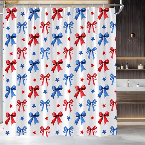 Patriotic 4th of July Shower Curtain - Red Blue Star Design, 70x70
