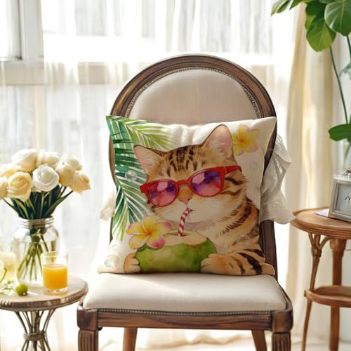 Summer Cat Throw Pillow Cover, Tropical Sunglasses Tabby, 18 x 18 Inch