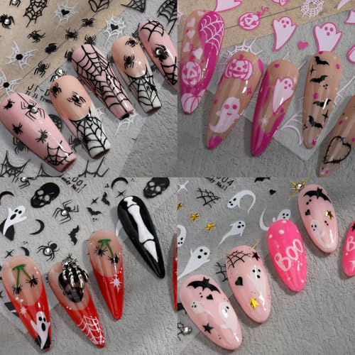 Halloween Nail Stickers 4 Sheets Pink Ghost Spider Web Decals with Rhinestones