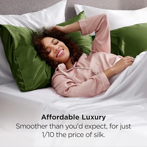 Bedsure Satin Pillowcases Queen Set of 2 - Moss Green Silk-Like Bedding