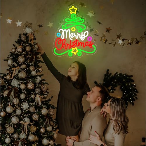 Merry Christmas Neon Sign - Christmas Tree Dimmable Wall Decor for Holiday & Family