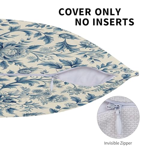 Chinoiserie Floral Throw Pillow Covers, Blue & White, 20x20 Inch Set of 2