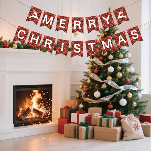 Pre-Strung Merry Christmas Banner - Red & Black Check Decoration