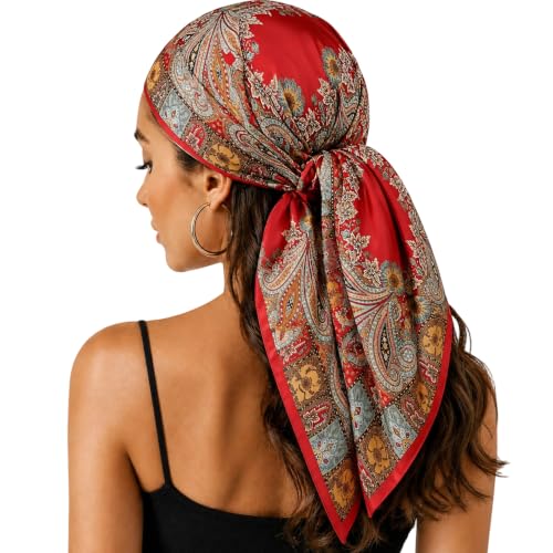 HinyBoeh 35 Inch Boho Satin Silk Square Scarf for Women Hair Wrap
