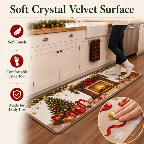 Christmas Fireplace Kitchen Mat Set of 2 Non Slip Rugs - Holiday Decor