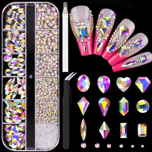 BELLEBOOST 2060 Pcs AB Glass Nail Rhinestones Kit with Multi Shapes and Round Crystals