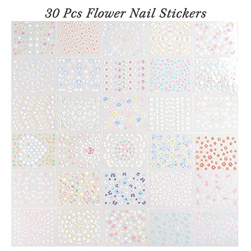 30 Sheets Colorful Flower Nail Art Stickers with Rhinestones 3D Decals