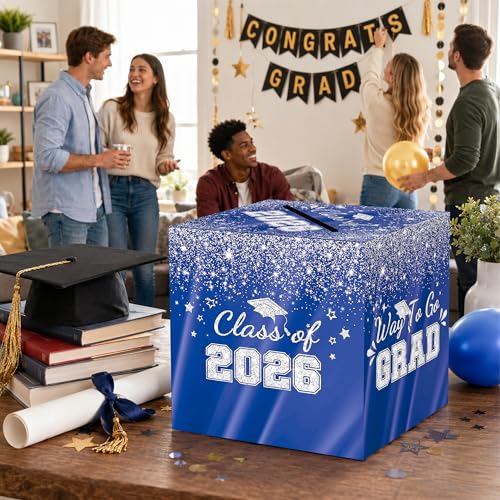Blue Silver Graduation Card Box - 2026 Glitter Party Decor 8.7"