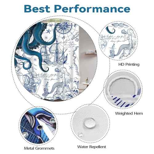 Blue Nautical Octopus Mermaid Shower Curtain 72x72 inch Waterproof Coastal Decor