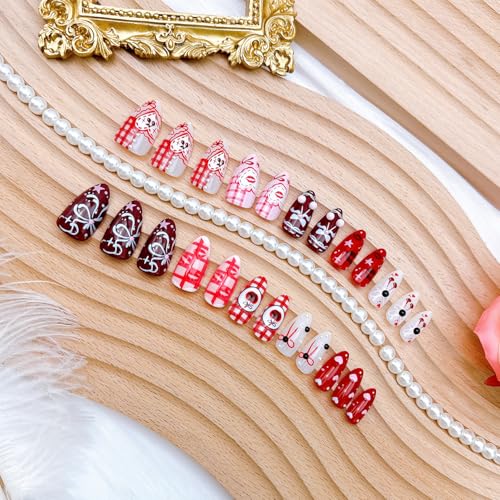 Valentine Press On Nails Medium Almond Fake Nails with Bow and Rhinestones
