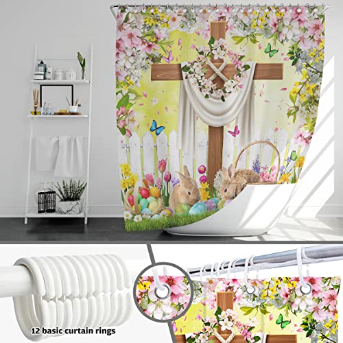 Mocsicka Easter Shower Curtain - He Is Risen Cross Floral Bunny Bathroom Decor 72x72 Inch with Hooks