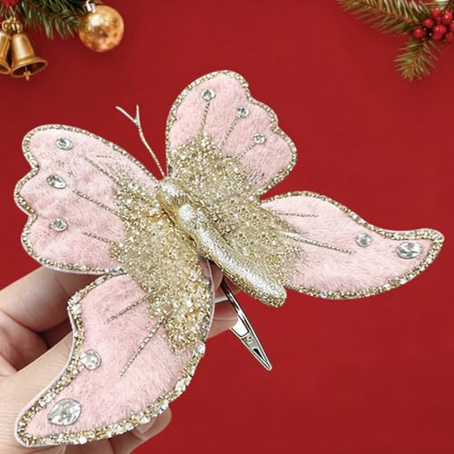 Pink Glitter Butterfly Christmas Ornament with Clip