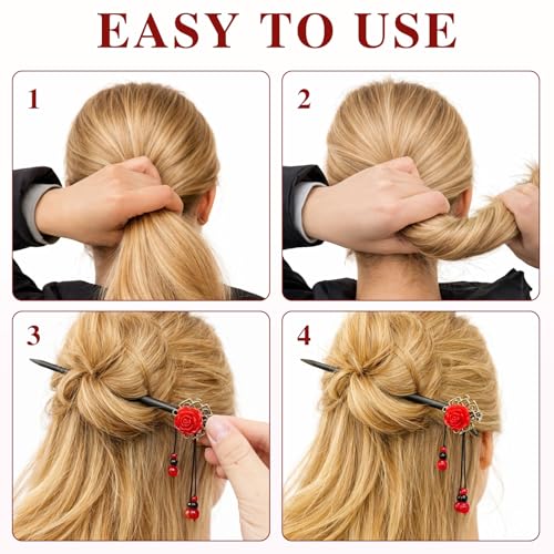 Wooden Hair Sticks 2-Piece Set - Retro Floral Bead Hairpins for Women