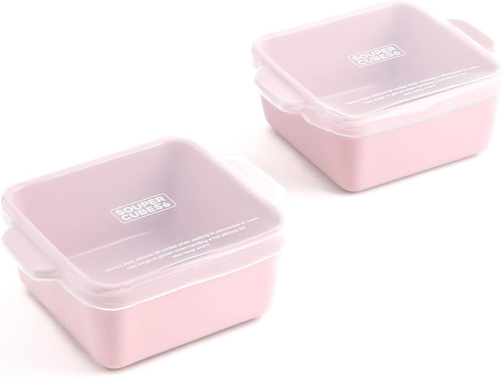Souper Cubes Stoneware Baking Dishes - Premium 5" x 5" Mini Ceramic Set with Silicone Covers - Cotton Candy