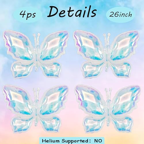 26-Inch Rainbow Butterfly Mylar Balloons - 4 Pack Party Decor