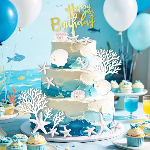 18-Piece Ocean Theme Cake Topper Set, Gold Seashell & Starfish Decorations