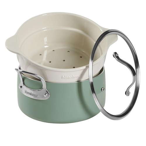 Bloomhouse 6-QT Heavy-Guage Aluminum Dutch Oven w/Non-Stick Non-Toxic Ceramic Interior and Ceramic Steamer Insert - Sage Green