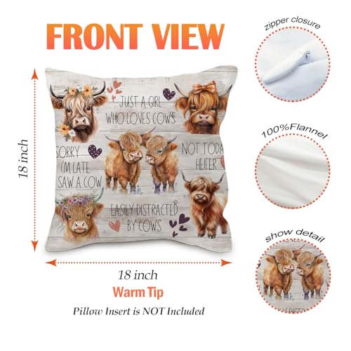 Highland Cow Pillow Cover 18x18 - Flannel Throw Pillow Case