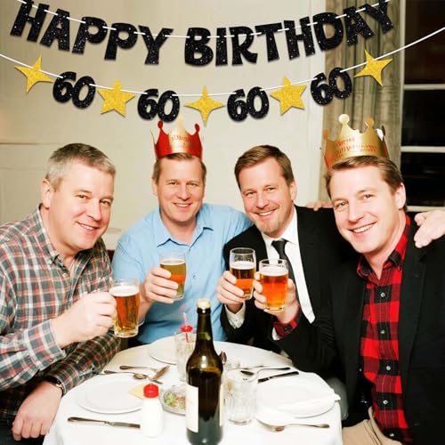 Happy 60th Birthday Banner, Black and Gold Glitter Party Decoration Sign