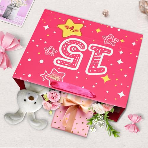 15th Birthday Gift Bag Set - Pink Starry Sky Design, Medium Size