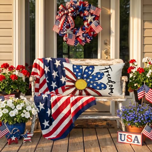 4th of July Throw Pillow Cover 12x20 Inch - Patriotic Decor