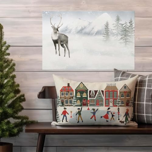 Holiday Throw Pillow Cover 12x20 - Village House Ice Skating