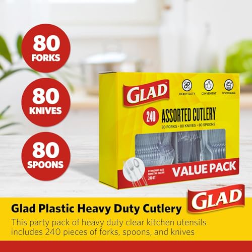 Glad Heavy Duty Disposable Cutlery Set, Clear Plastic Forks, Knives & Spoons - 240 Count