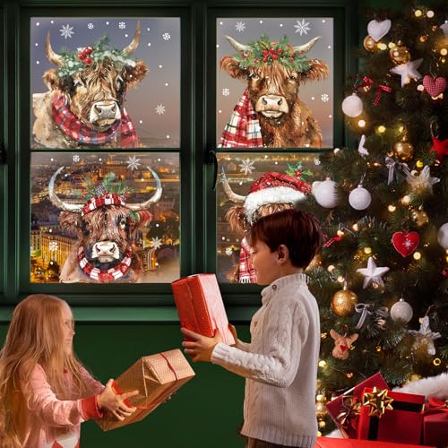 Christmas Window Clings Highland Cow Watercolor Holiday Decor Set - Reusable