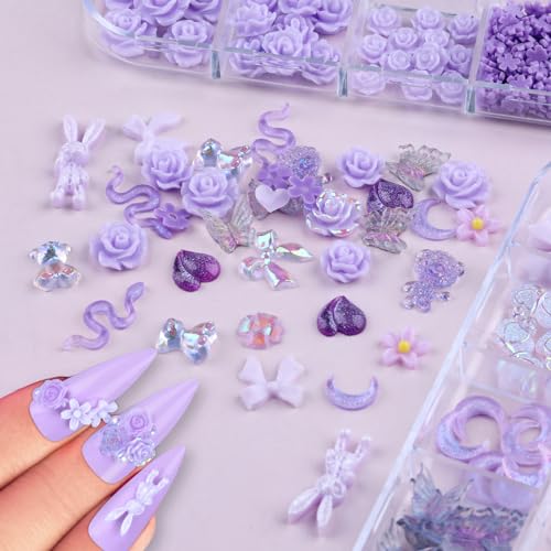 Kikonoke 3D Flower Nail Charms and Rhinestones Set - 2 Boxes Purple