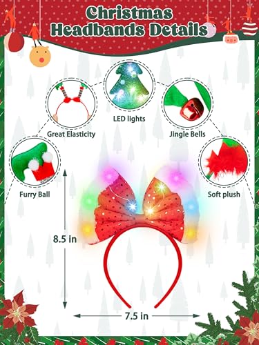 18 Pack Light Up Christmas Headbands - Santa, Tree, Elf Hats for Holiday Parties