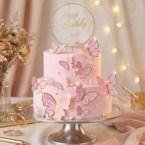 Butterfly Cake Toppers Set - 10 Pink Decorations with Gold Happy Birthday Topper
