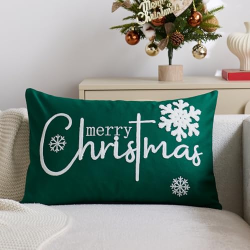 Christmas Pillow Covers 12x20 Inch Snowflake Embroidery Holiday Decor Green White
