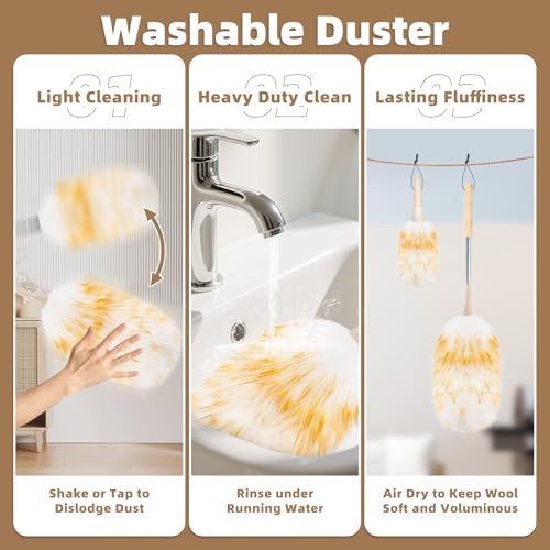 LOVECO Pale Yellow Lambs Wool Duster - Extendable 29-49 Inch for Scratch-Free Cleaning