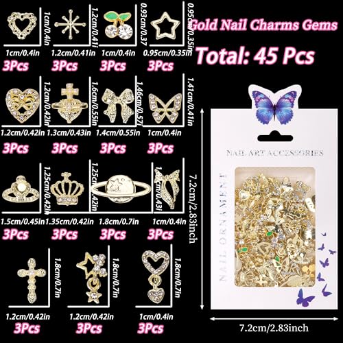 COOSLIM 45PCS Gold Y2k Nail Charms 3D Rhinestone Bow Butterfly Gems