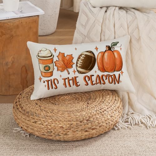 Fall Pillow Cover 12x20 - Tis The Season Football Pumpkin Decor
