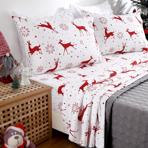 Christmas Queen Bed Sheet Set with Reindeer Pattern - Microfiber, Soft & Breathable, Deep Pockets, Red, 4-Piece