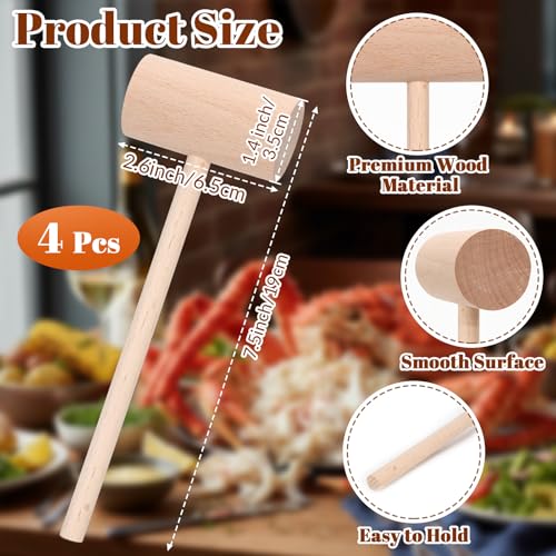 4 Pcs Wooden Seafood Mallets for Crab, Lobster, and Nut Cracking