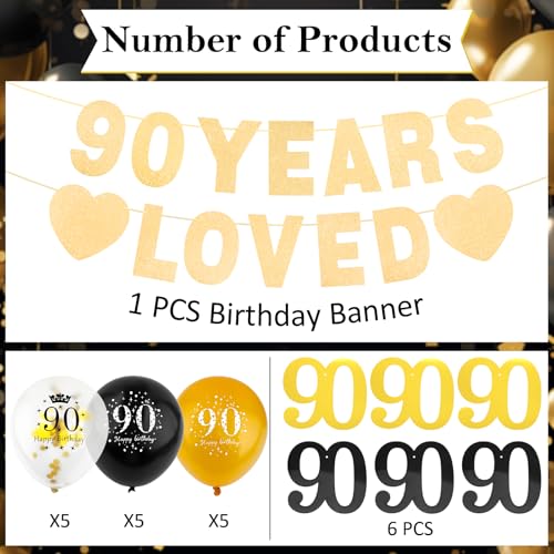 90th Birthday Decorations Set - Gold Banner, Balloons & Swirls