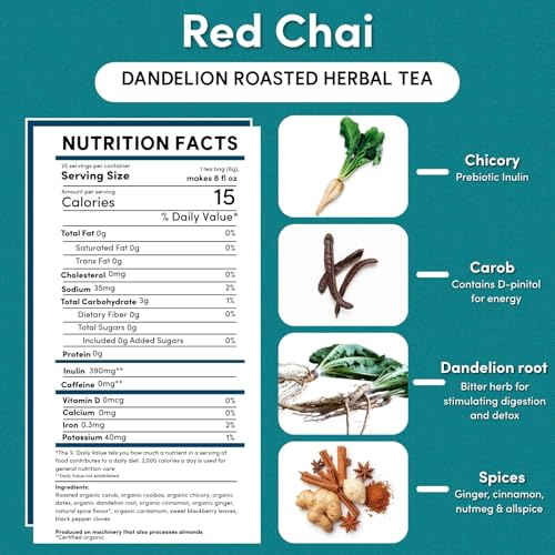 Teeccino Dandelion Red Chai Tea - Caffeine-Free Herbal Blend
