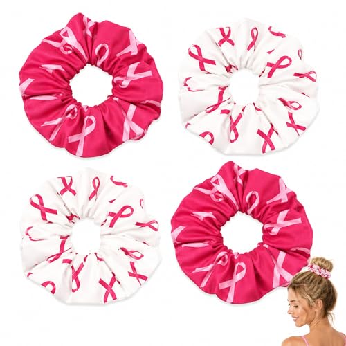 Breast Cancer Awareness Scrunchies, 4-Pack Pink Ribbon Hair Ties