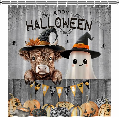 Halloween Ghost Shower Curtain - Funny Highland Cow & Pumpkin Design, 70x70 Inch